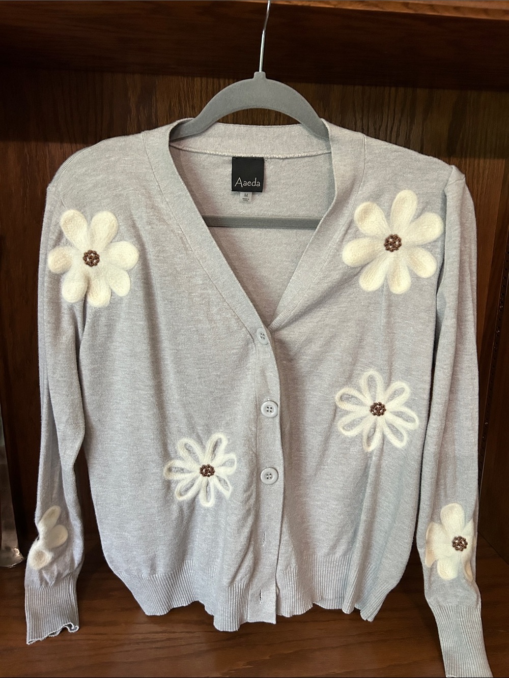 Aaeda Light Gray Floral Appliqué V-Neck Cardigan